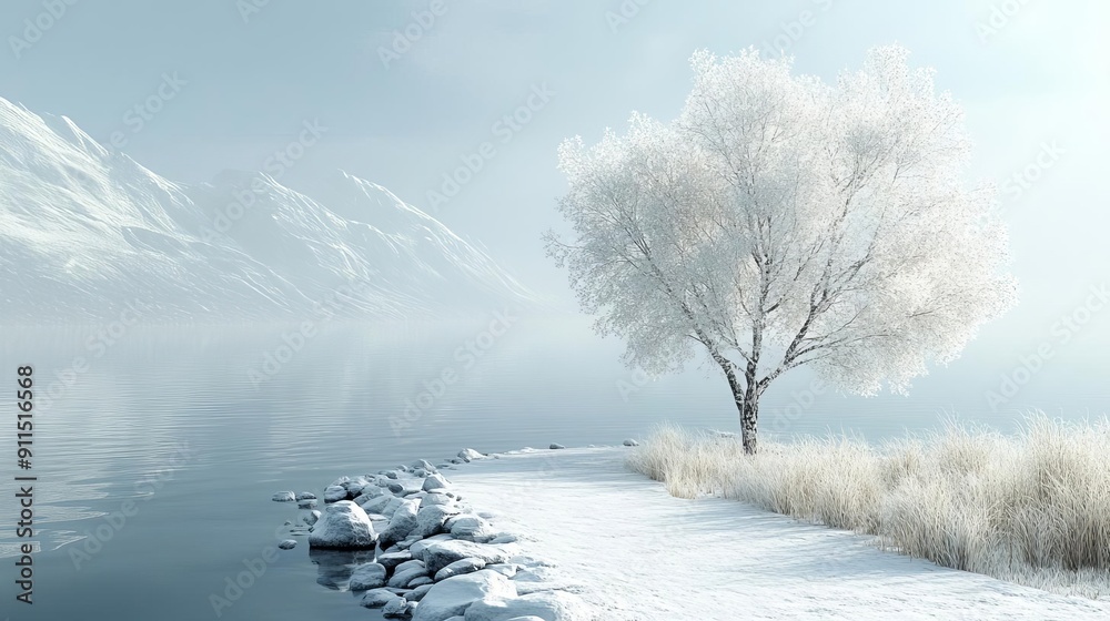 A serene snowy landscape features a frozen lake and a tree A serene snowy landscape features a frozen lake and a tree
