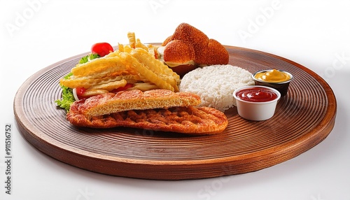 Fast Food Menu: Burger with Fries and Sauces in Paper Box or Plates, Tacos, Steak, and Soup, Plated on Wood Board or Marble, White or Dark Background