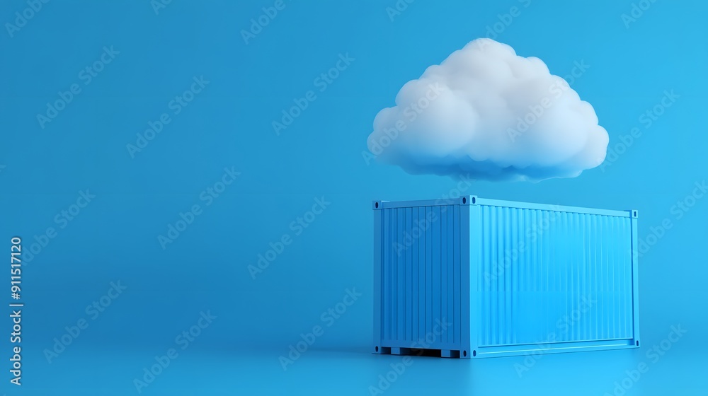 Surreal image of a cloud hovering over a blue shipping container on a blue background, symbolizing cloud computing and storage solutions. Surreal image of a cloud hovering over a blue shipping container on a blue background, symbolizing cloud computing and storage solutions.