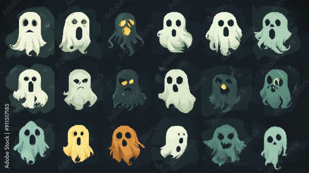 Top-down sprite sheet of 32x32 pixel art ghosts and spirits with different animations for a dungeon game. Top-down sprite sheet of 32x32 pixel art ghosts and spirits with different animations for a dungeon game.