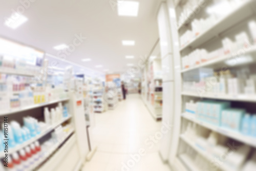 A pharmacy with a defocused background, with medications visible in the foreground, creating an atmosphere of comfort and concern for health