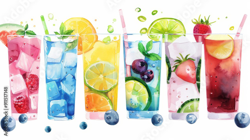 Illustration of summer cocktails in watercolor painting style. Bright summer cold, refreshing cocktails with ice cubes, fruits and berries isolated on white background. Generative AI.