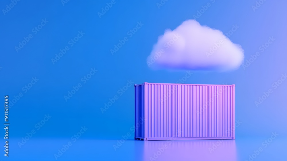 Surreal image of a pink shipping container with a fluffy cloud above it on a blue background, representing technology and innovation. Surreal image of a pink shipping container with a fluffy cloud above it on a blue background, representing technology and innovation.