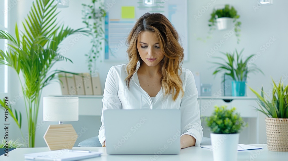 A photograph of a young Caucasian female educator in her 20s, preparing lesson slides A photograph of a young Caucasian female educator in her 20s, preparing lesson slides