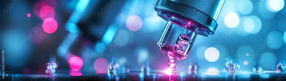 Closeup of a Glass Dropper Dispensing Liquid in Blue and Pink Lighting Closeup of a Glass Dropper Dispensing Liquid in Blue and Pink Lighting