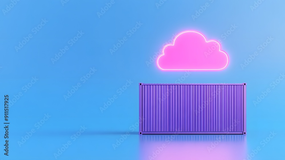 Vibrant image of a purple shipping container with a glowing pink cloud in a minimalist blue background. Symbolizes cloud storage and modern technology. Vibrant image of a purple shipping container with a glowing pink cloud in a minimalist blue background. Symbolizes cloud storage and modern technology.
