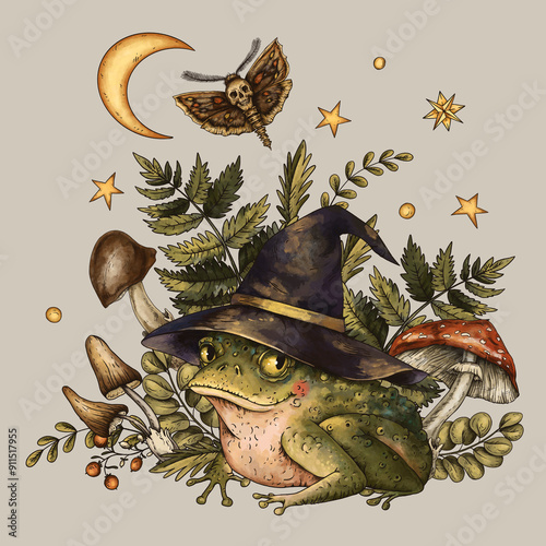 Halloween Toad, Totem Animals with Mushrooms, witchcraft magic illustration
