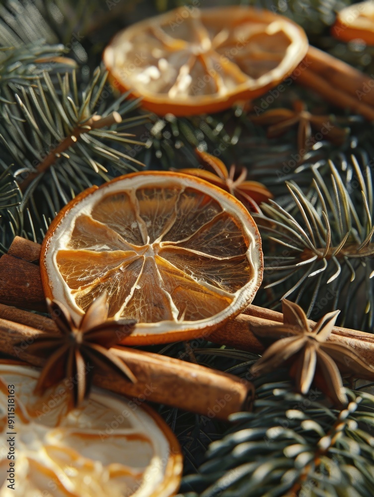 A collection of orange slices and cinnamon sticks arranged neatly A collection of orange slices and cinnamon sticks arranged neatly