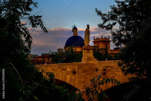 Beautiful bridge at sunset. Gothic bridge. Valencia, Spain.