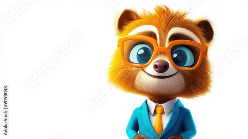 A cartoon bear wearing glasses and a blue suit with a tie