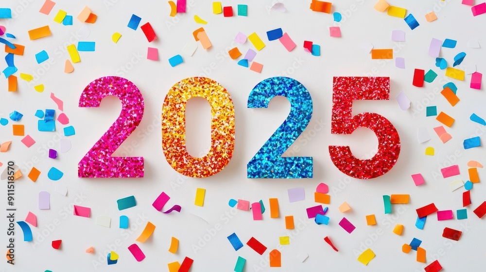 Vibrant glitter numbers representing the year 2025 surrounded by colorful confetti, perfect for celebration themes. Vibrant glitter numbers representing the year 2025 surrounded by colorful confetti, perfect for celebration themes.