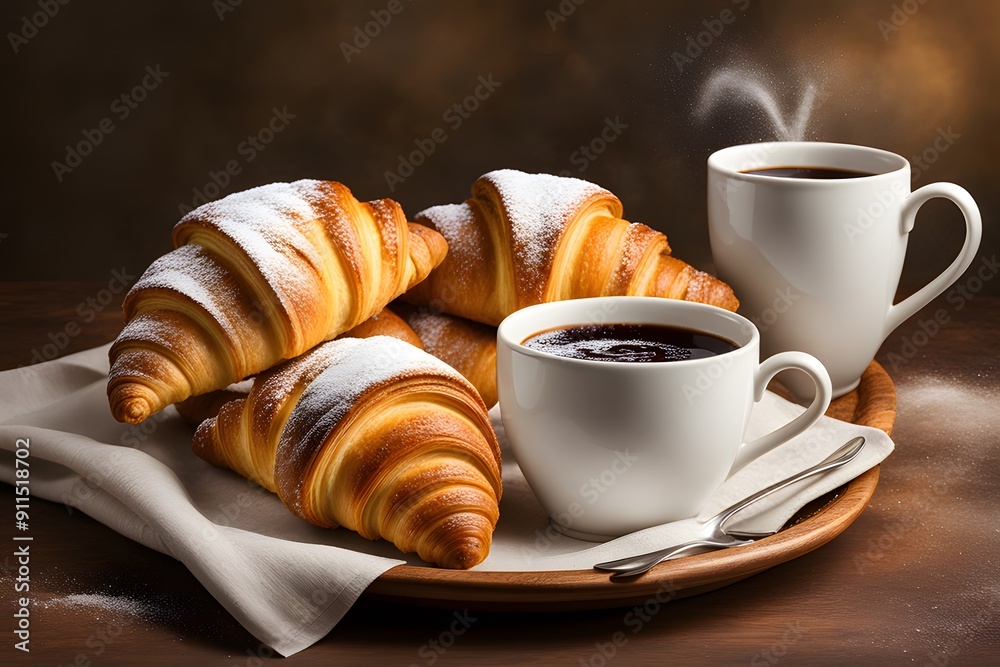 Coffee and croissants on a wooden table. Selective focus. Closeup Coffee and croissants on a wooden table. Selective focus. Closeup
