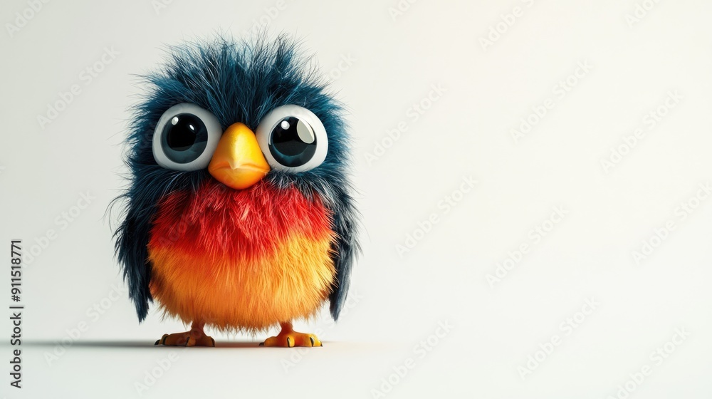 Fototapeta premium Cheerful rubber bird toy with tired eyes, red chest, fluffy head, white background.