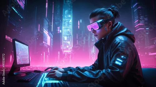 A cyberpunk hacker in a virtual reality setting photo