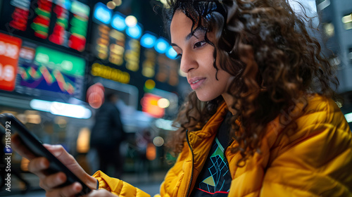 Woman with glasses looking at laptop screen with investment graphs and charts, focused and determined.