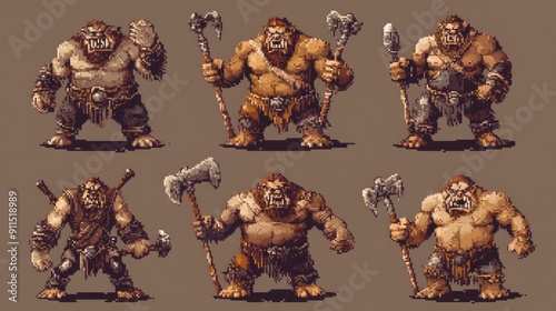 32x32 pixel art ogres with clubs in various attacking and idle poses for a fantasy dungeon game. photo