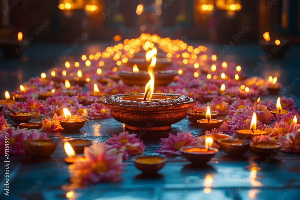 Happy Diwali Festival of Lights with Oil Lamps AI generated