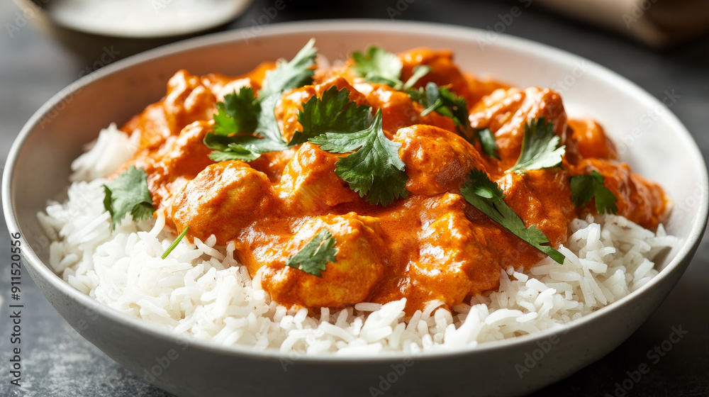 Savory chicken tikka masala over fluffy white rice in a bowl, a beloved Indian dish. Savory chicken tikka masala over fluffy white rice in a bowl, a beloved Indian dish.