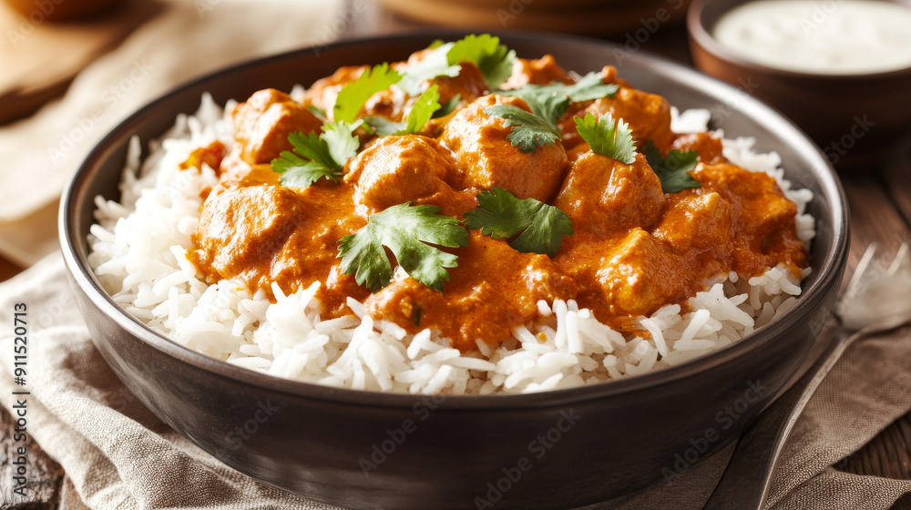 Savory chicken tikka masala over fluffy white rice in a bowl, a beloved Indian dish. Savory chicken tikka masala over fluffy white rice in a bowl, a beloved Indian dish.