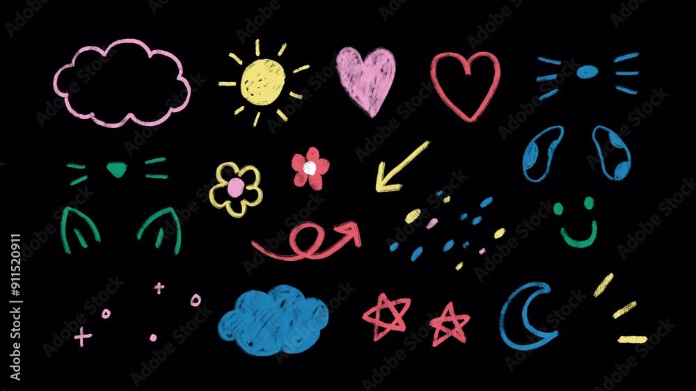 Set of Hand-drawn cute shapes, kid style, colorful icons: wiggle animation, pencil crayon, rough chalk, arrows, stars, cloud, heart, sketching elements on a transparent background, alpha channel. Set of Hand-drawn cute shapes, kid style, colorful icons: wiggle animation, pencil crayon, rough chalk, arrows, stars, cloud, heart, sketching elements on a transparent background, alpha channel.