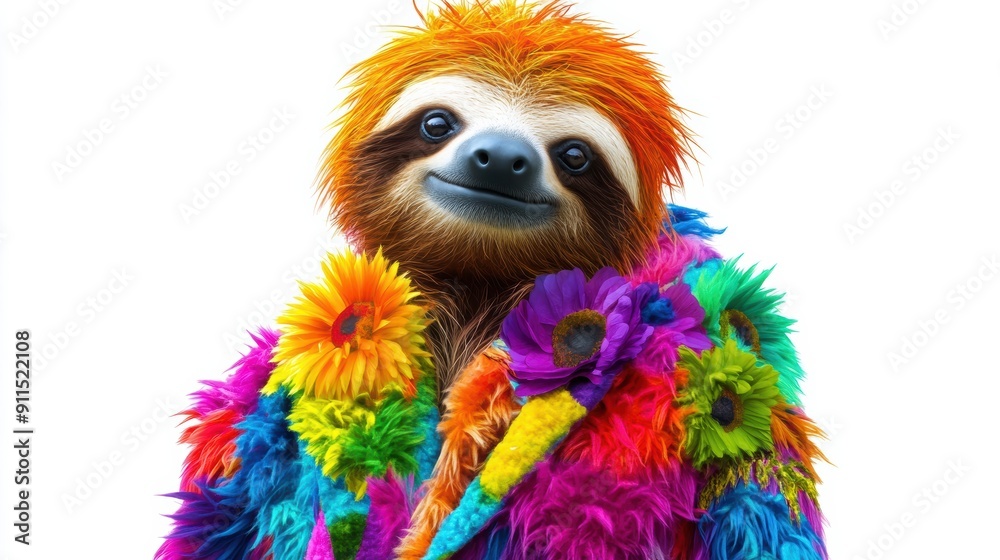 Fototapeta premium A colorful sloth is wearing a multicolored blanket and smiling