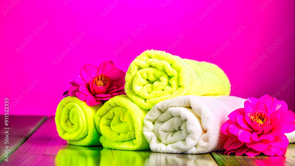 Fototapeta premium Neon-colored towels with pink flowers on a matching pink background - perfect for bold spa ads, vibrant home decor, beauty visuals