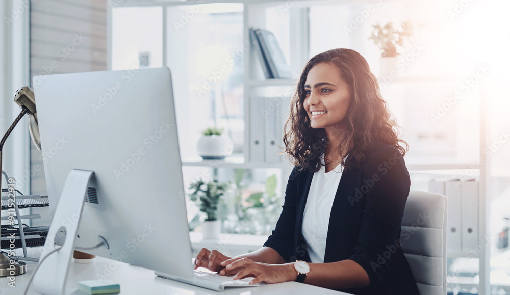 Business woman, working and computer in office with ux designer and social media update with smile. Happy, employee and seo upgrade for company website with creative research for project with tech Business woman, working and computer in office with ux designer and social media update with smile. Happy, employee and seo upgrade for company website with creative research for project with tech