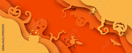 Happy Halloween banner background with ghost spirit, pumpkin, witch, bat, spider and blank space. Halloween background. paper cut and craft style. vector, illustration.