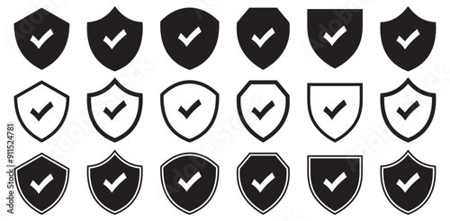 Safe protection logo - shield and black check mark or tick symbol. Defense, security and safety vector icon.