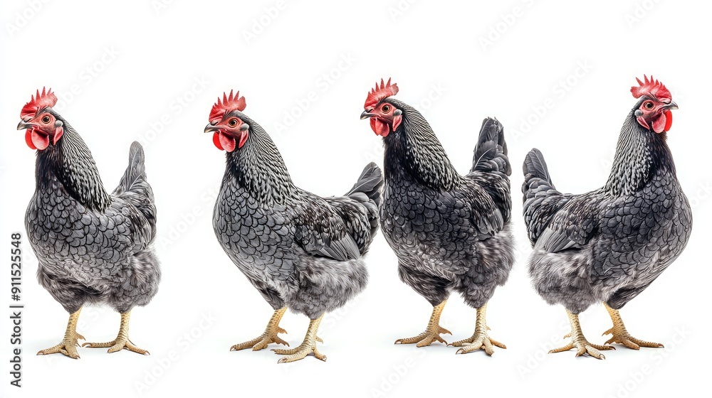 Fototapeta premium A set of images showcasing California gray chickens in different positions, isolated on a white background. Perfect for diverse animal collections.