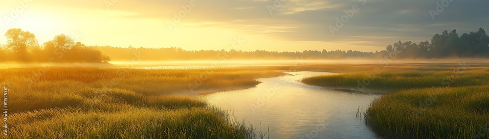 Sunrise Over a Foggy River and Grassy Field