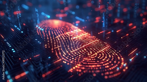 Digital Fingerprint Security Concept - Glowing Red Fingerprint on Circuit Board photo