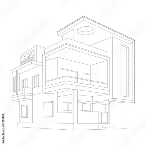 Line art vector illustration with houses, Town real estate property buildings and dwellings thin line vector concept, Real estate architecture, black linear design isolated on white background.