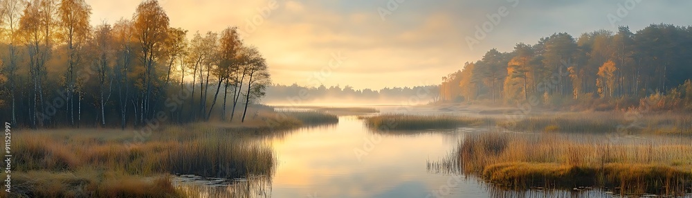 Autumn Mist on a Tranquil Lake with Golden Trees Autumn Mist on a Tranquil Lake with Golden Trees