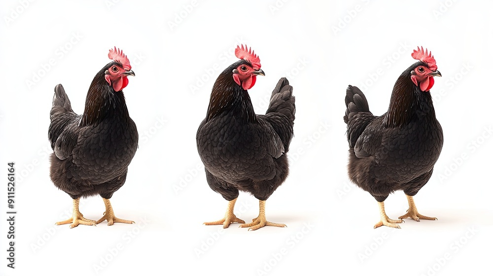 Fototapeta premium Black chicken collection featuring portrait, profile, and standing poses, isolated on a white background. Ideal for animal-themed designs and educational content.