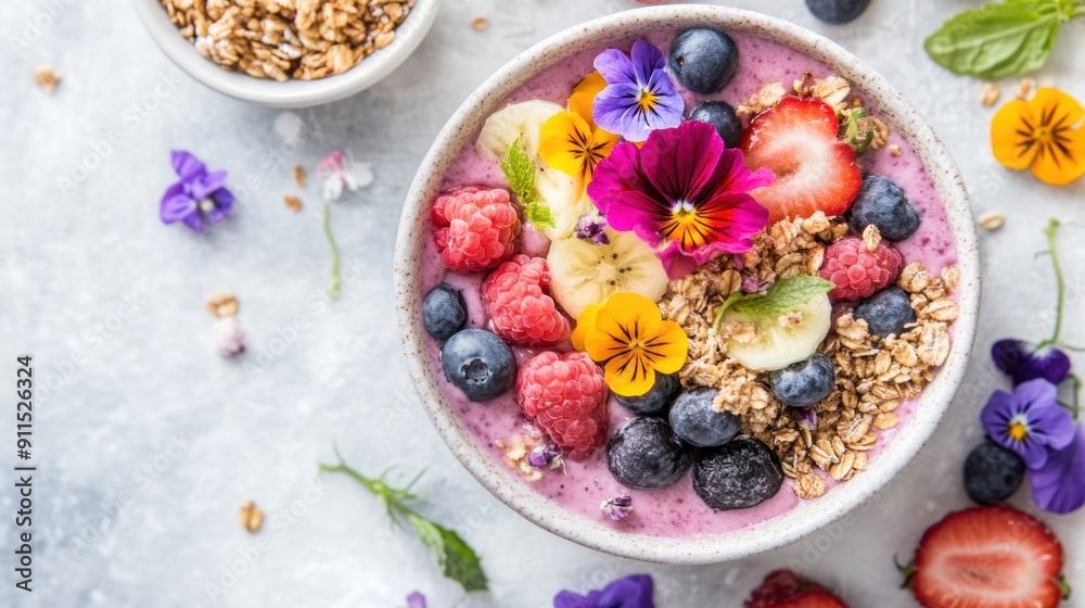 Colorful acai bowl with edible flowers fresh berries Colorful acai bowl with edible flowers fresh berries