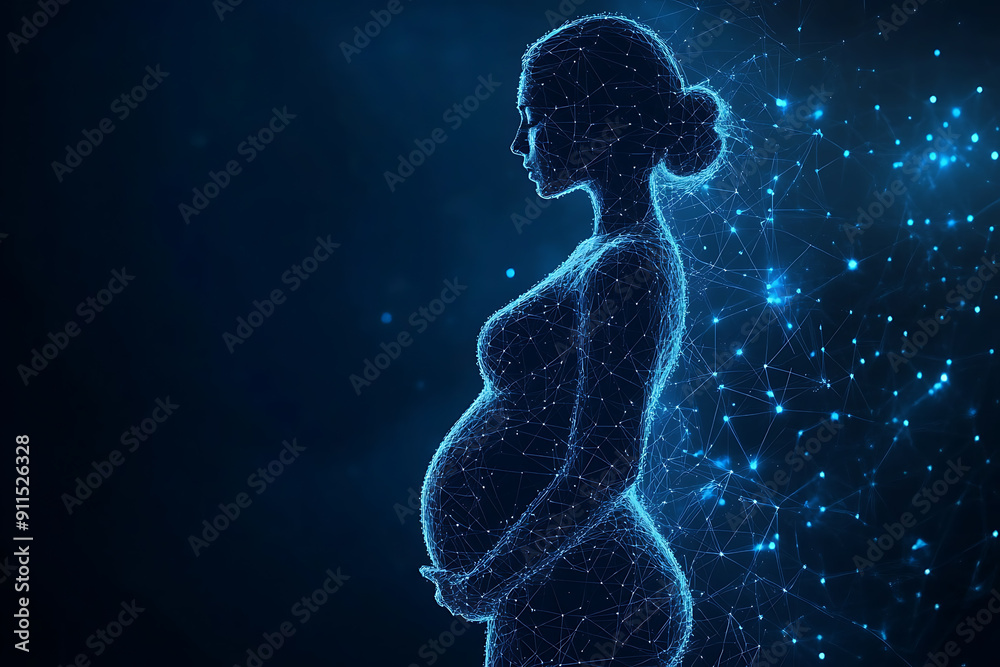 An abstract digital background banner depicting a pregnant woman surrounded by connecting data points in blue and black colors. The scene blends the themes of motherhood and technology An abstract digital background banner depicting a pregnant woman surrounded by connecting data points in blue and black colors. The scene blends the themes of motherhood and technology