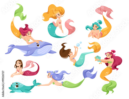 Pretty Mermaid Character with Fish Tail and Female Body Vector Set