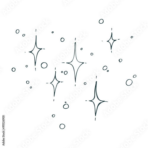Twinkling stars small four-pointed and dotted, cluster of sparkling stars for decoration. Line art is a simple hand-drawn illustration in black and white ink. Isolated vector EPS object.