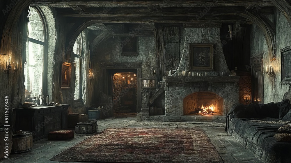 This is a room with a stone floor and walls featuring a large fireplace at one end The room has dark wooden furniture and is furnished in a rustic style This is a room with a stone floor and walls featuring a large fireplace at one end The room has dark wooden furniture and is furnished in a rustic style