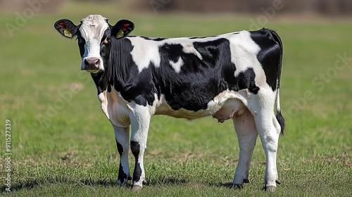A black and white cow standing on a green field