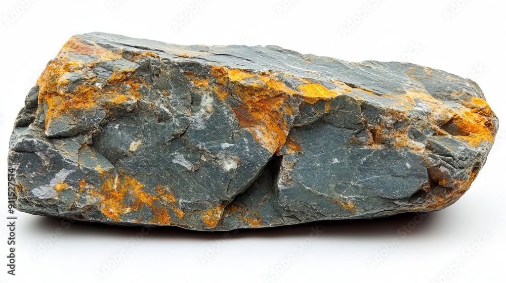 Stone with orange spots presented against a white background showcasing its rugged texture and natural color variation Stone with orange spots presented against a white background showcasing its rugged texture and natural color variation