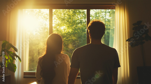 Silhouette of married couple, man and woman, in front of window, couples therapy concept, copy space