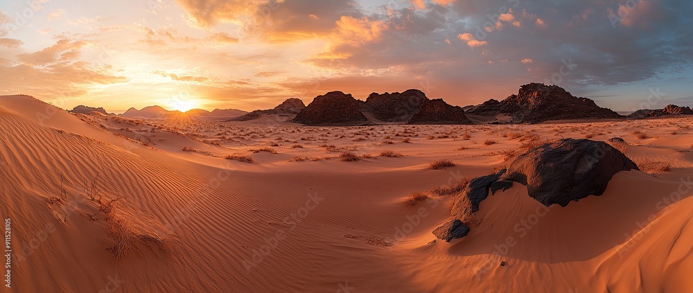 Naklejka premium Panoramic view of Sahara desert dunes at sunset