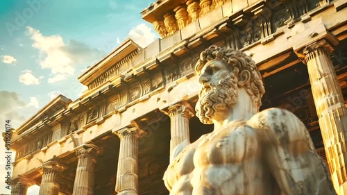 Amidst the grandeur of Greek ancient architecture, a stoic Greek sculpture of a muscular man exudes strength and fortitude, serving as a timeless symbol of courage and inner resolve