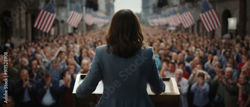 A female politician stands at podium, addressing large crowd in an urban setting. The audience, filled with people waving American flags, listens attentively symbolizing national unity. Not real event