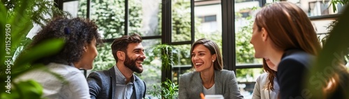 Team of businesspeople engaged in a networking event sharing ideas and building partnerships, set in a contemporary office setting that highlights the importance of professional connections photo