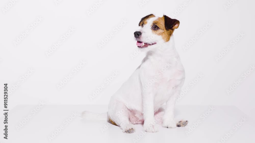 Portrait happy puppy of Jack Russell Terrier on gray background. Free space for text. Wide angle horizontal wallpaper or web banner. Portrait happy puppy of Jack Russell Terrier on gray background. Free space for text. Wide angle horizontal wallpaper or web banner.