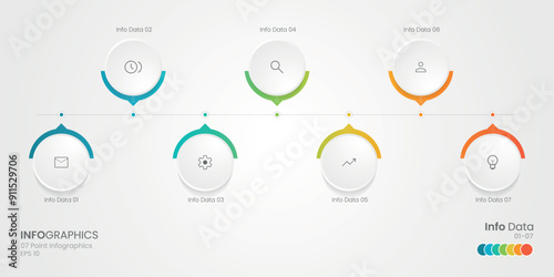 Business minimal Infographics template. 7 steps timeline with, options and marketing icons .Vector linear infographic with seven circle connected elements. Design can be use for presentation.