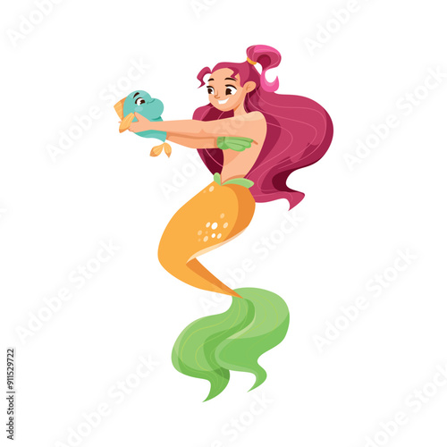 Pretty Mermaid Character with Fish Tail and Female Body Vector Illustration